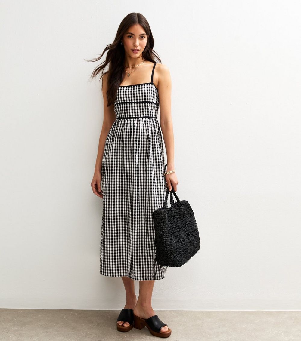 Black Gingham Check Strappy Midi Dress