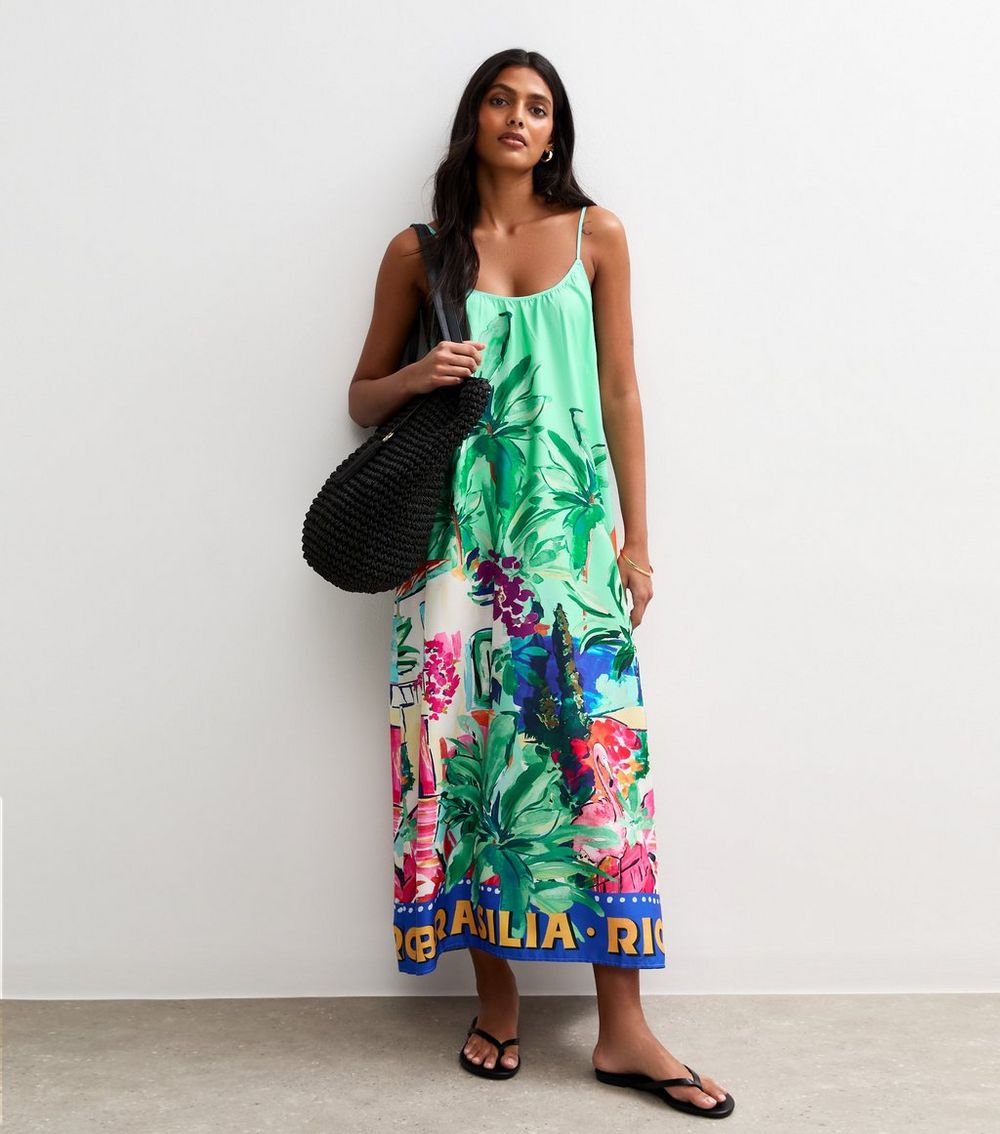 Blue Tropical Print Crepe Strappy Midaxi Dress