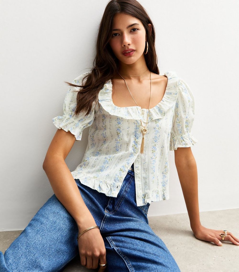 Blue Floral Print Button Through Blouse