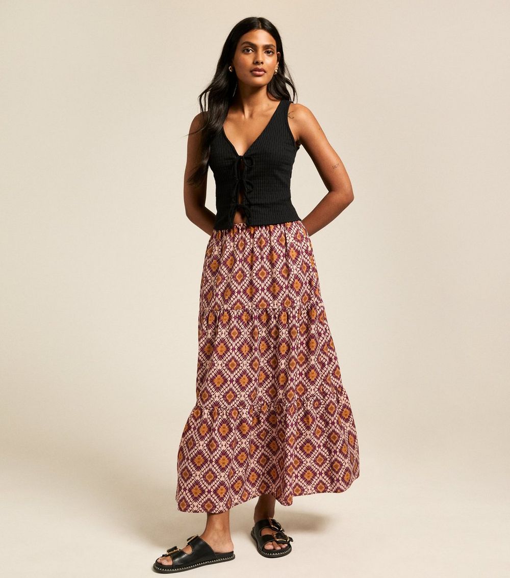 Orange Diamond print Tiered Midi Skirt