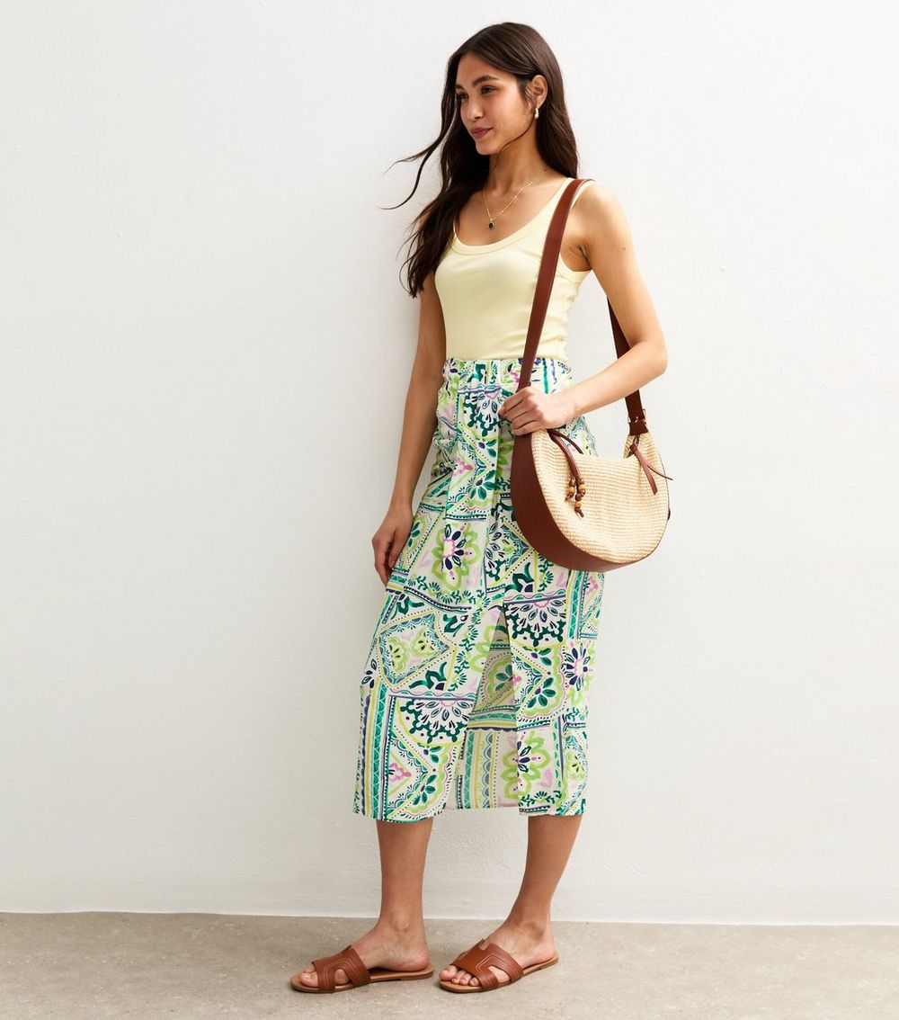 Green Tile Print Sarong Midi Skirt