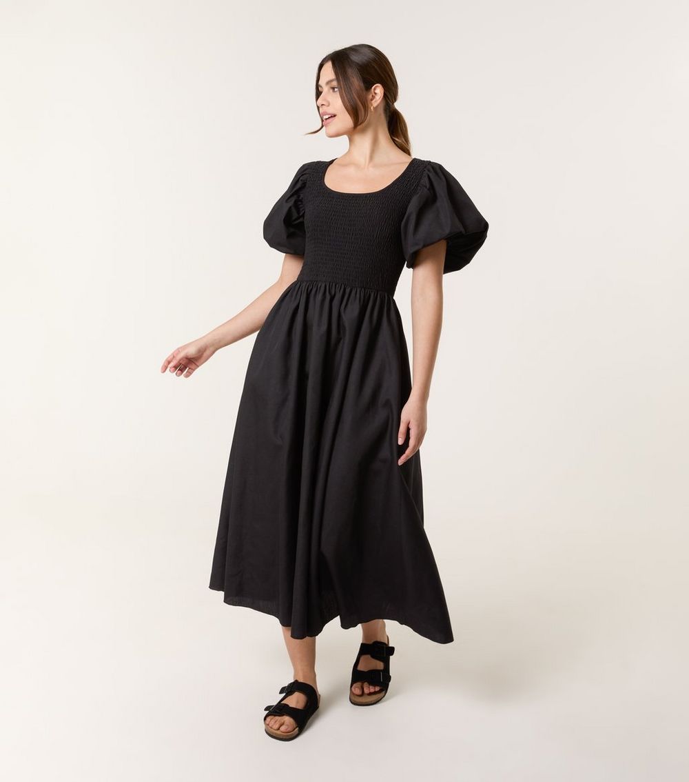 Blue Vanilla Black Puff Sleeve Midi Dress