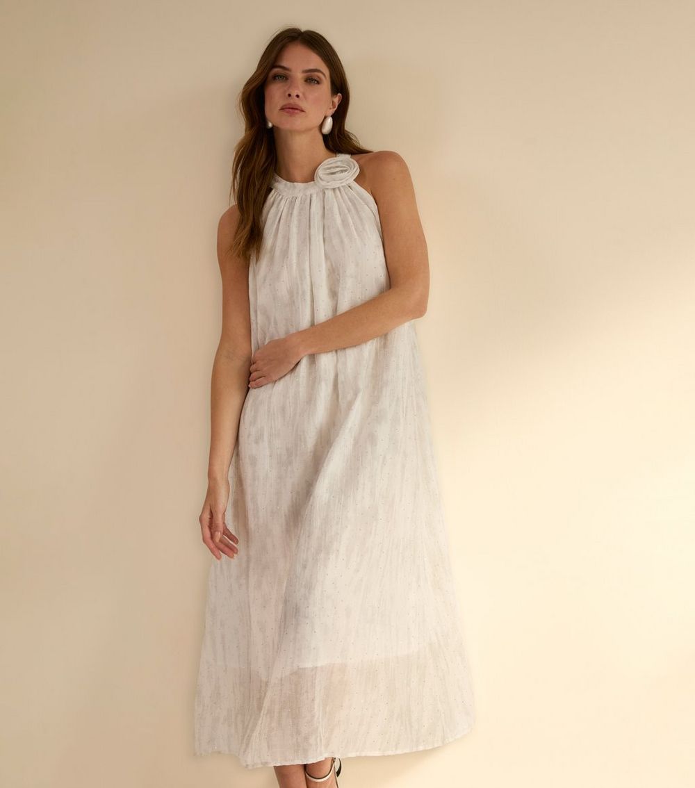 Blue Vanilla Off White Rose Detail Halter Neck Dress