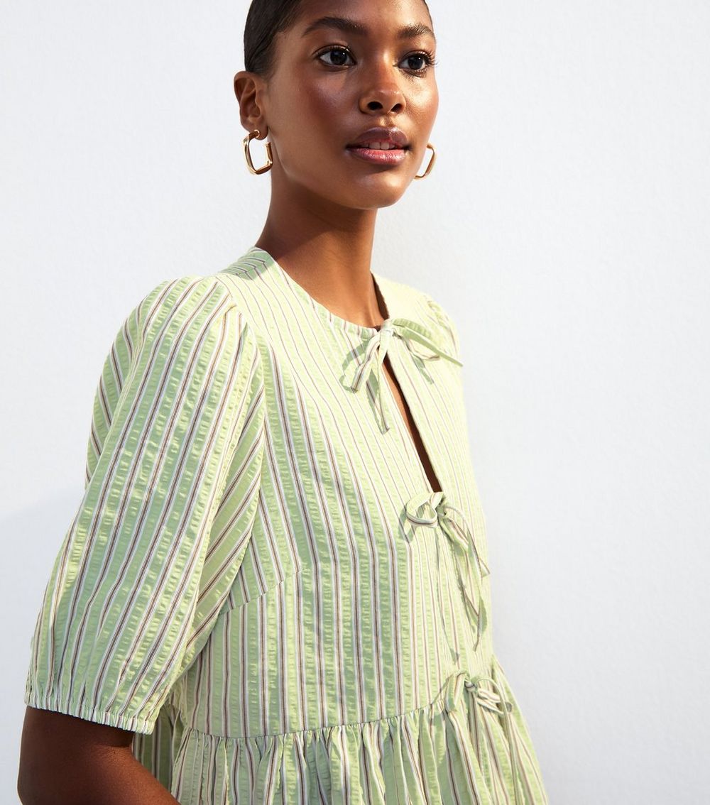 Green Striped Tie Front Peplum Shirt