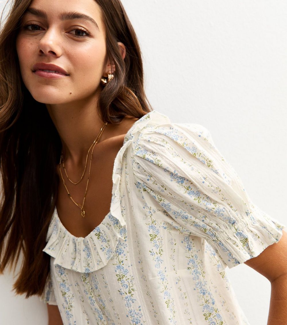 Petite Blue Floral Embroidered Stripe Puff Sleeve Blouse