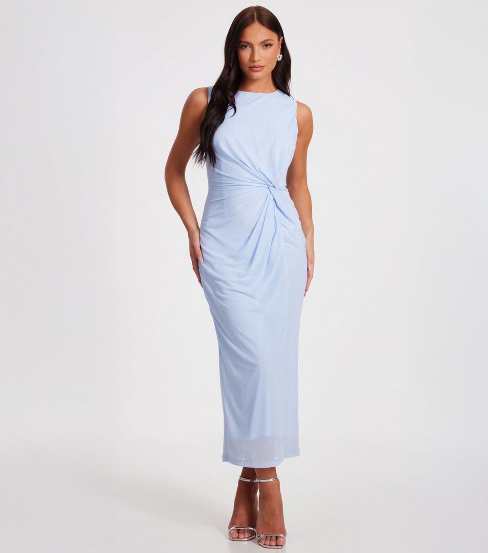 QUIZ Light Blue Diamanté Embellished Gathered Mesh Midi Dress