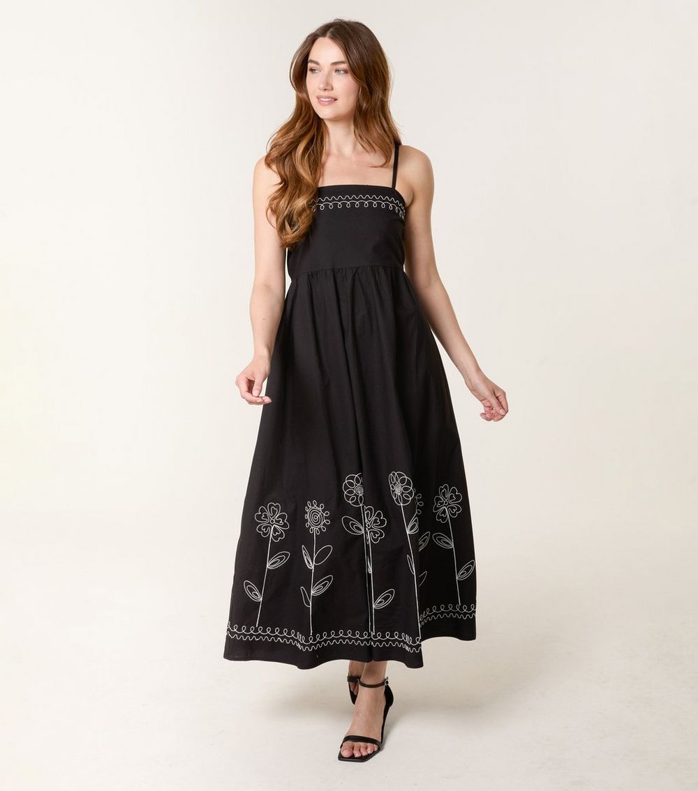Blue Vanilla Black Floral Embroidered Midi Dress