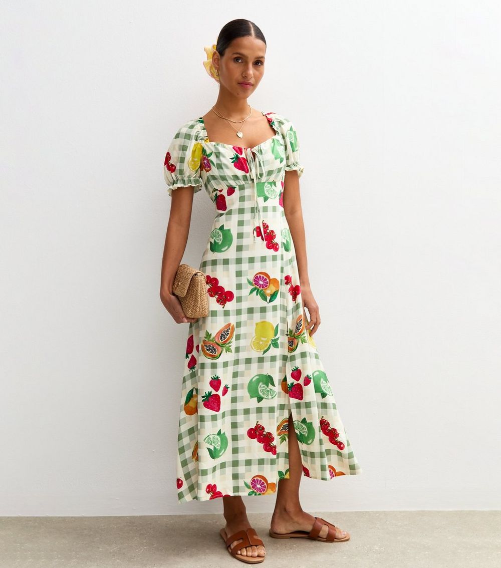 Green Checked Fruit Print Milkmaid Midi Dress
