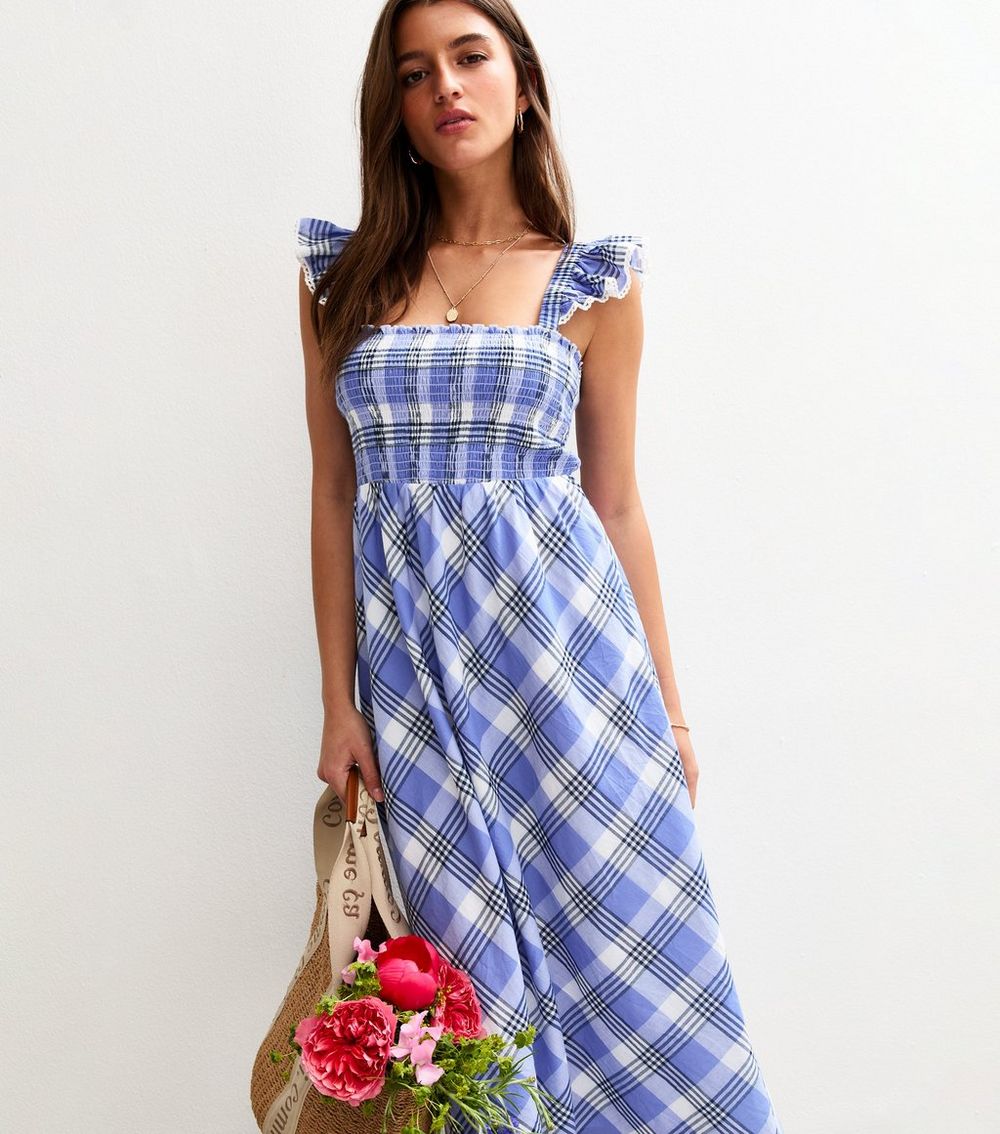 Blue Check Print Shirred Frill Strap Midi Dress