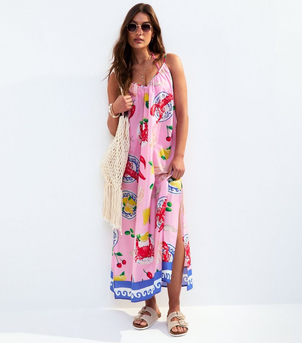Pink Lobster Print Maxi Beach Dress