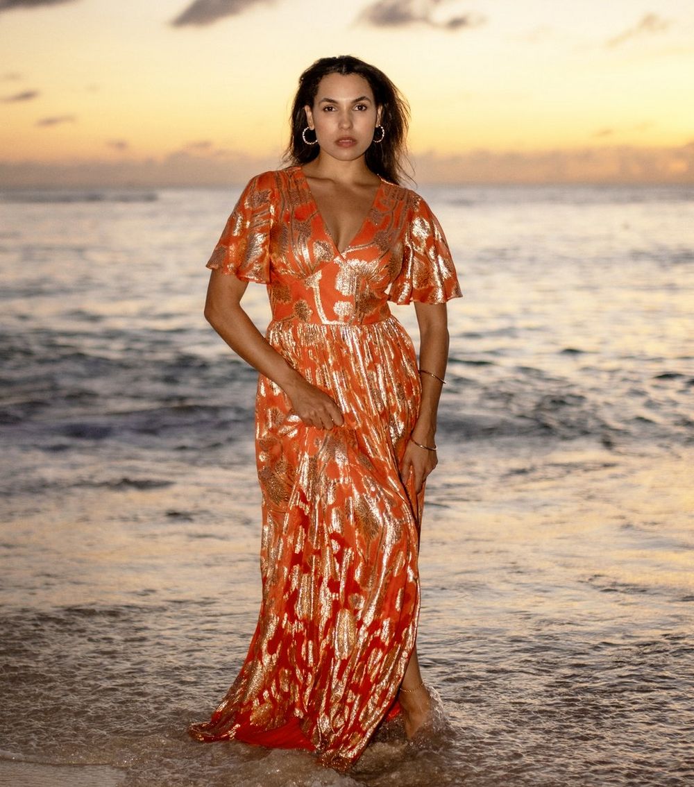 Gini London Orange Metallic Floral Maxi Dress