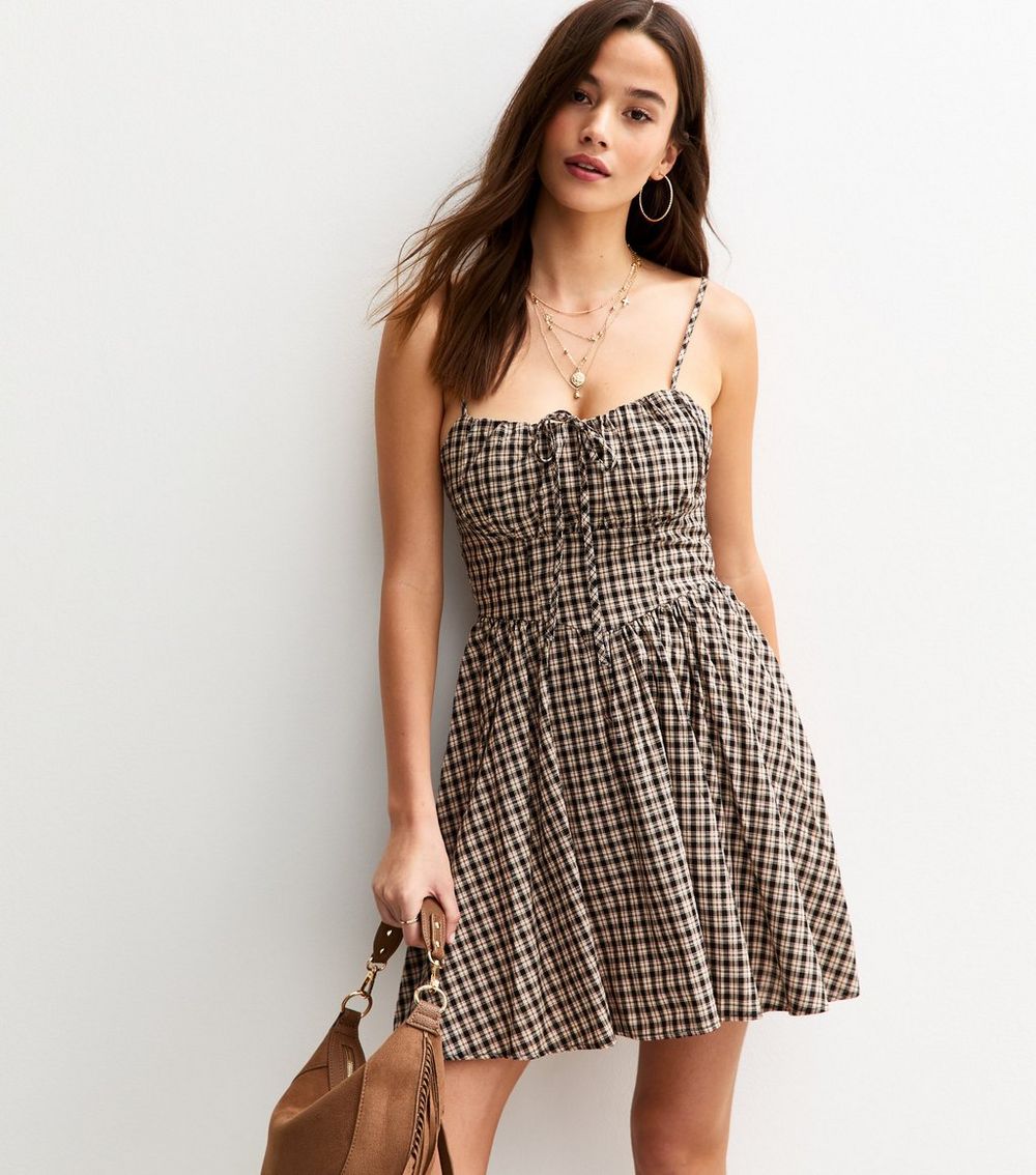 Black Check Print Strappy Milkmaid Mini Dress