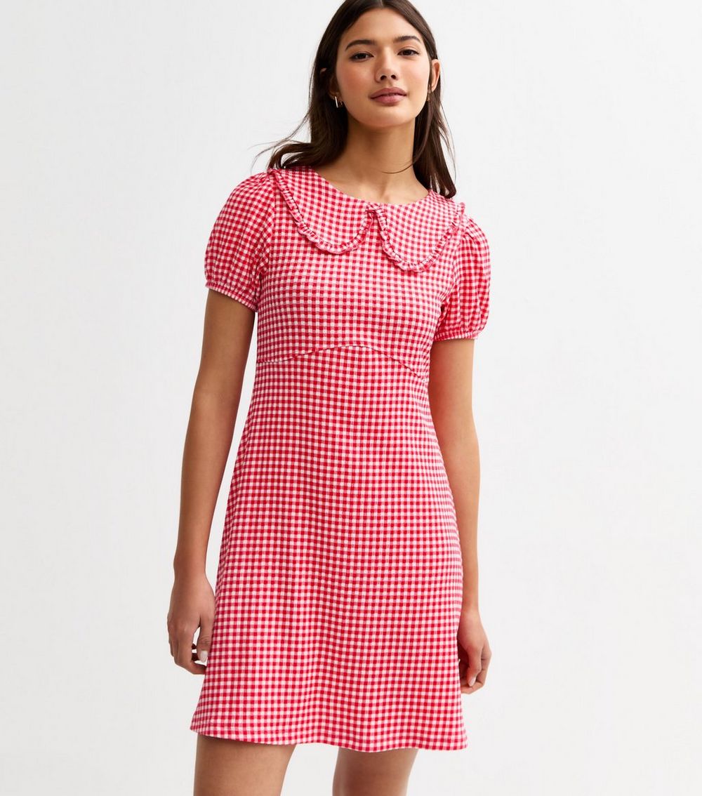 Red Gingham Check Peter Pan Collar Mini Dress