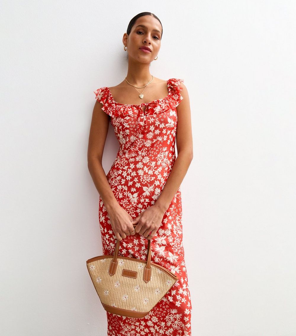 Red Floral Print Frilly Trimmed Midi Dress