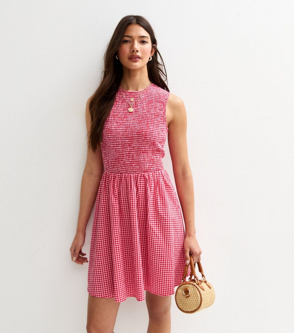Red Gingham Shirred Mini Dress
