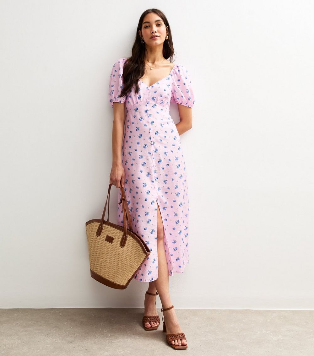 Pink Floral Print Puff Sleeve Tiered Midi Dress