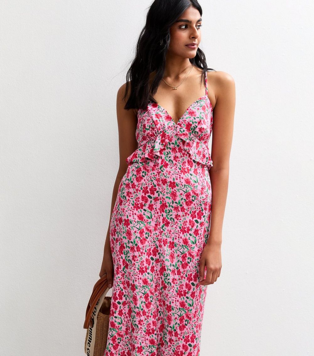 Pink Floral Print Strappy Ruffle Trim Midi Dress