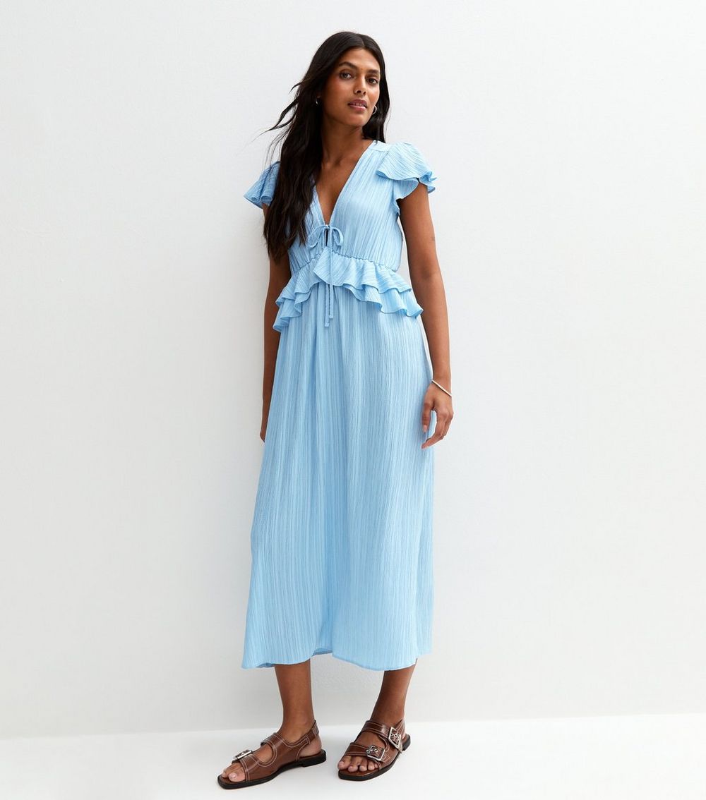 Blue Frilly Trimmed Chiffon Midi Dress