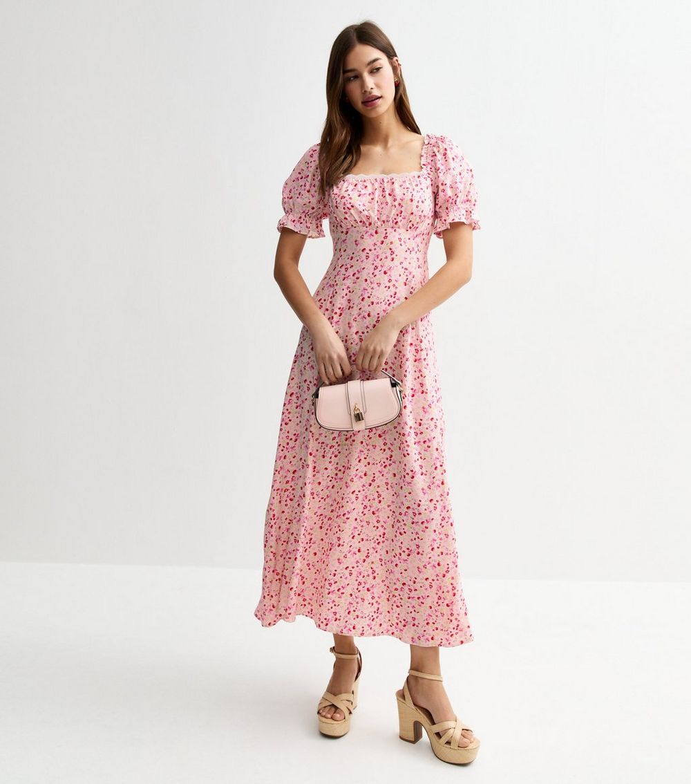 Pink Floral Print Milkmaid Midi Dress