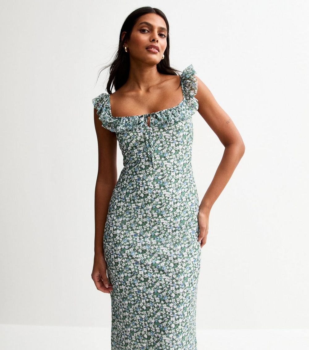 Green Ditsy Print Frill Trim Mesh Midi Dress