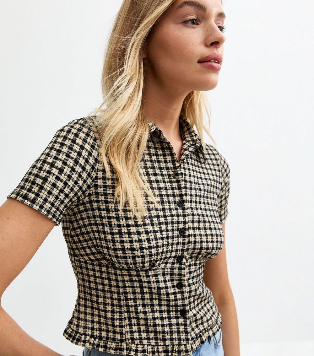 Black Jersey Check Short Sleeve Frill Hem Shirt