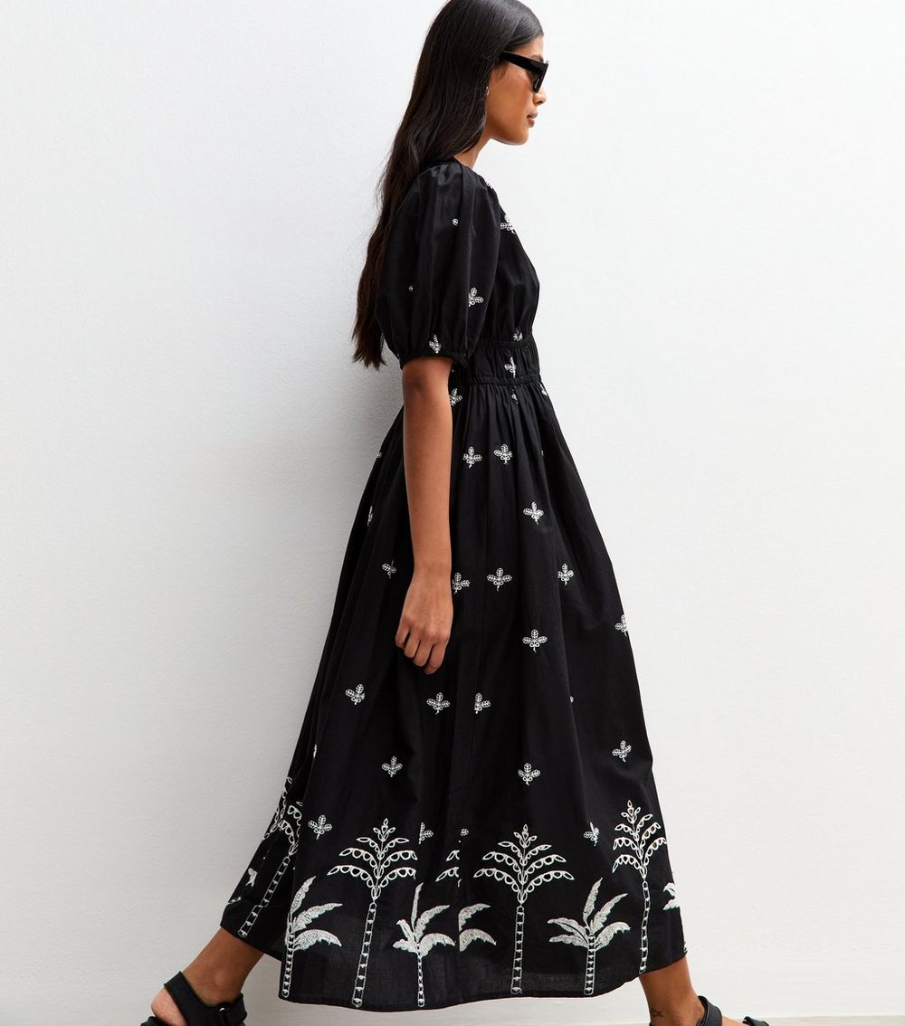 Black Palm Embroidered Midi Dress