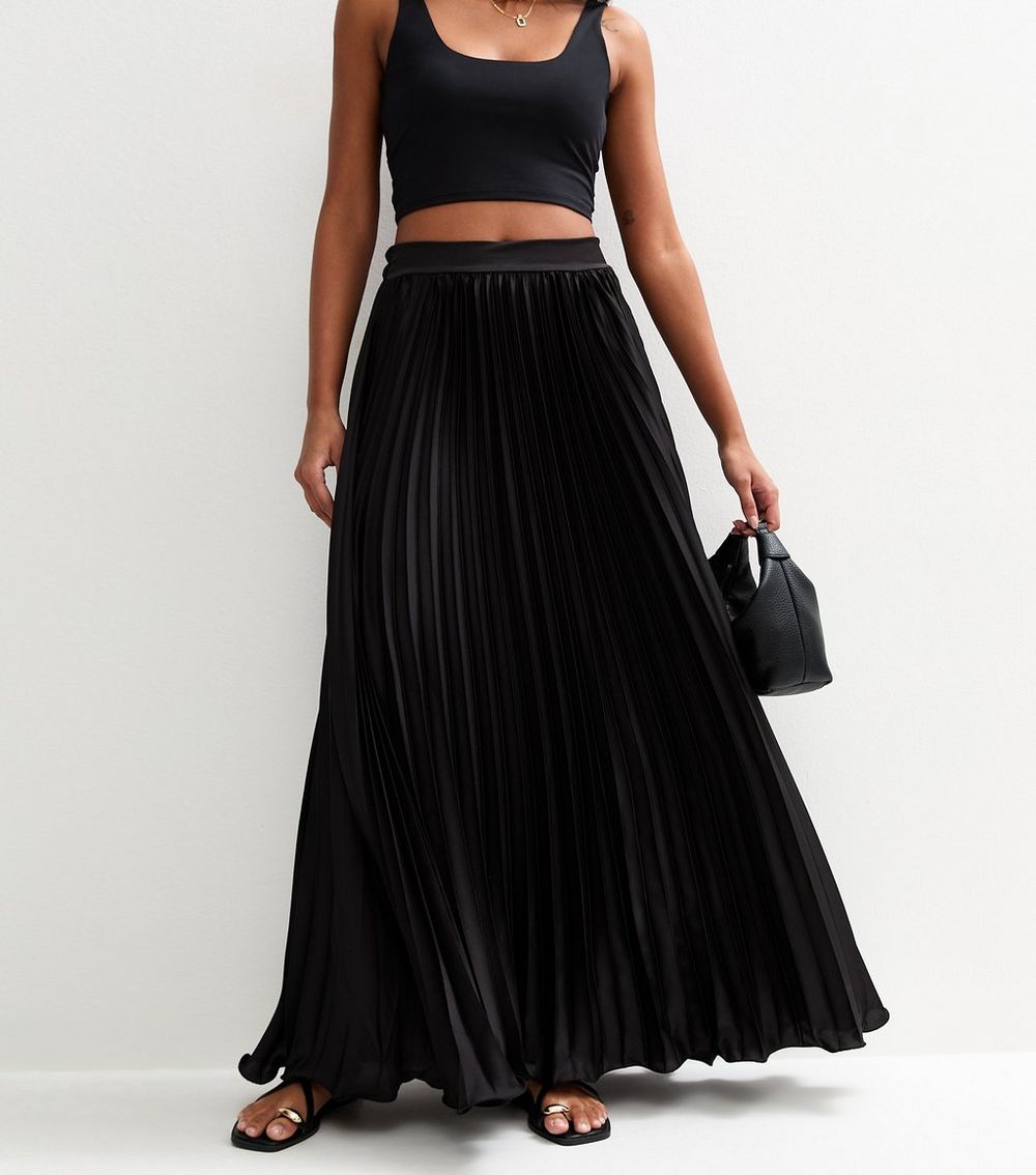 Gini London Black Satin Pleated Maxi Skirt