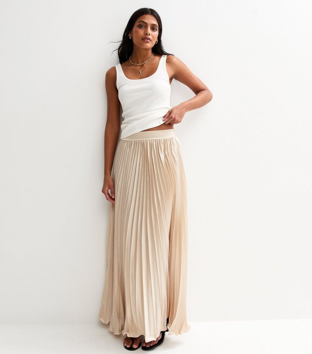 Gini London Cream Satin Pleated Maxi Skirt