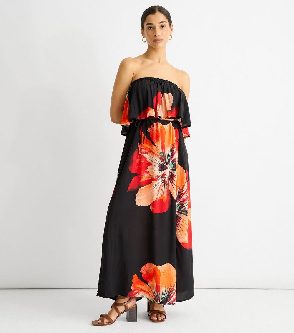 Gini London Black Floral Print Strapless Midi Dress