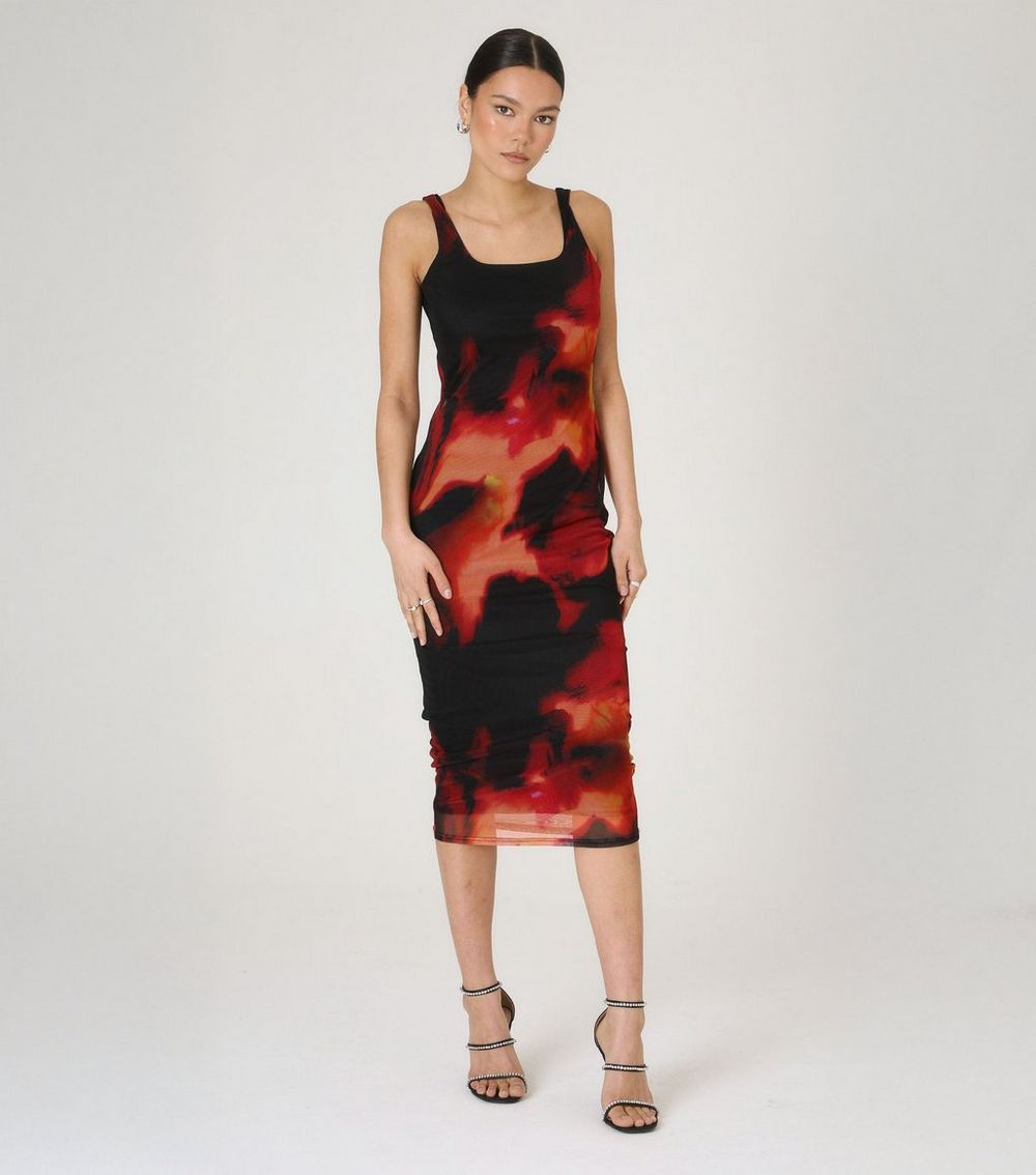 WKNDGIRL Black Abstract Print Mesh Midi Dress