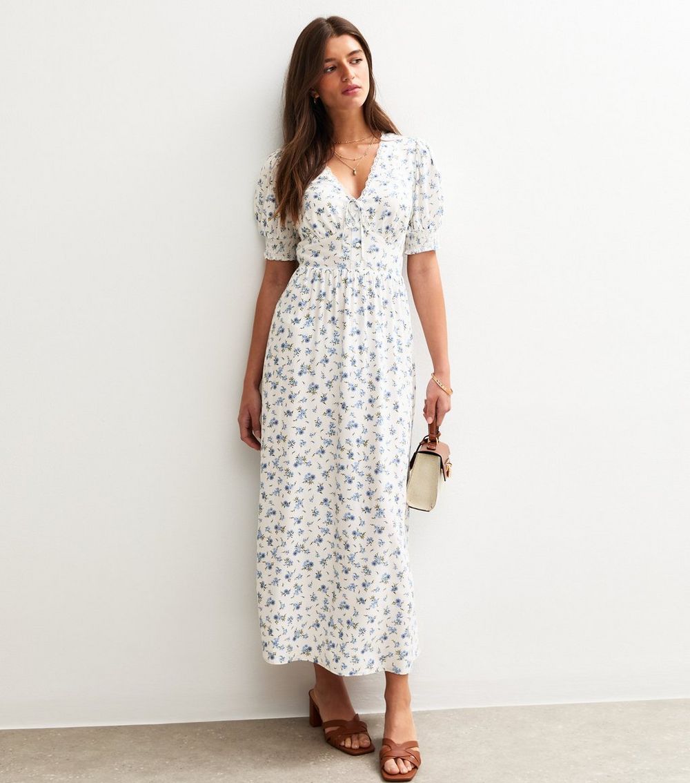 Cream Floral Print Tie Front Midi Dress