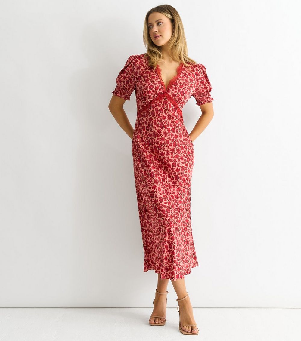 Gini London Red Floral Print Lace Trim Midi Dress