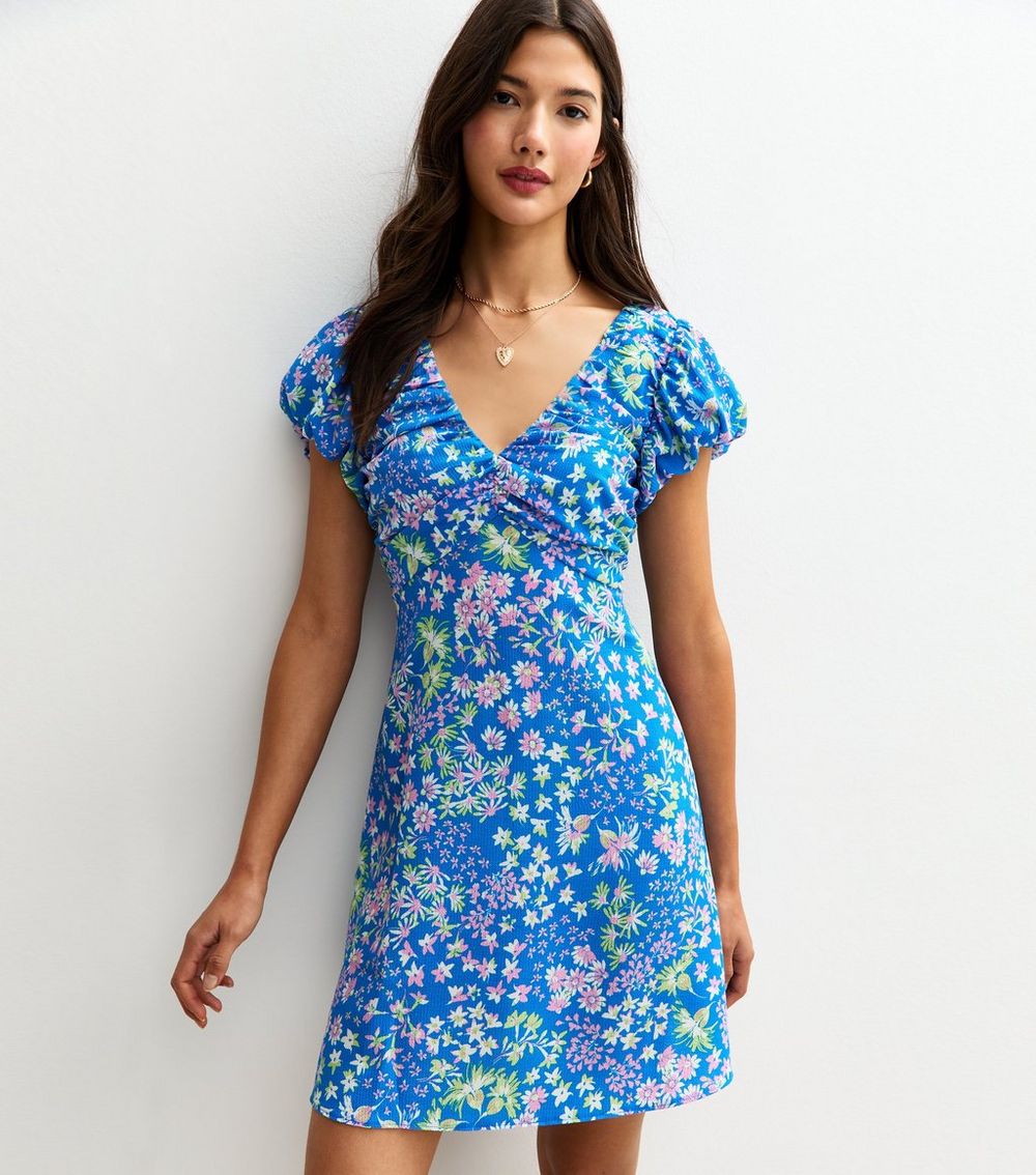 Blue Floral Print Ruched V