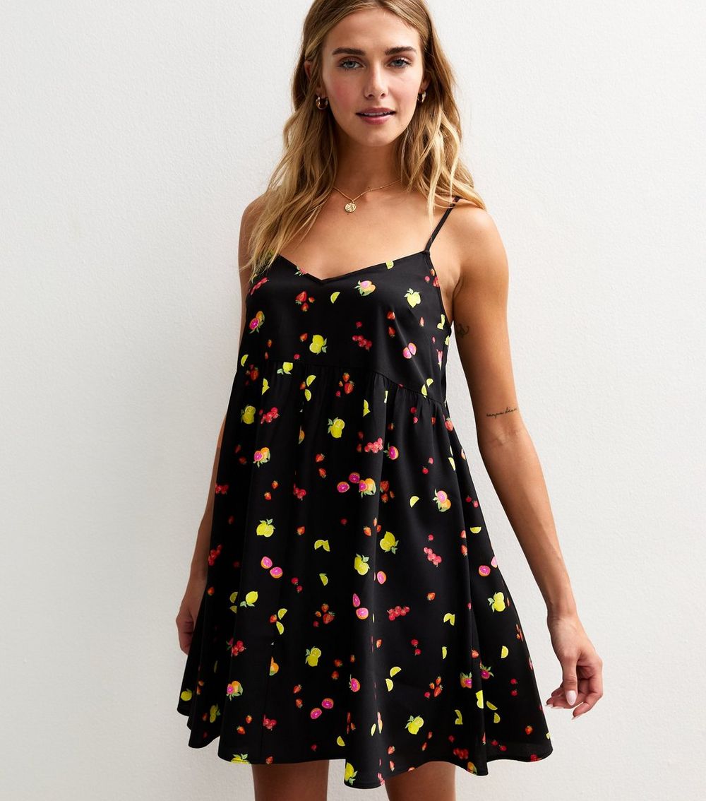 Black Crepe Fruit Print V Neck Mini Dress