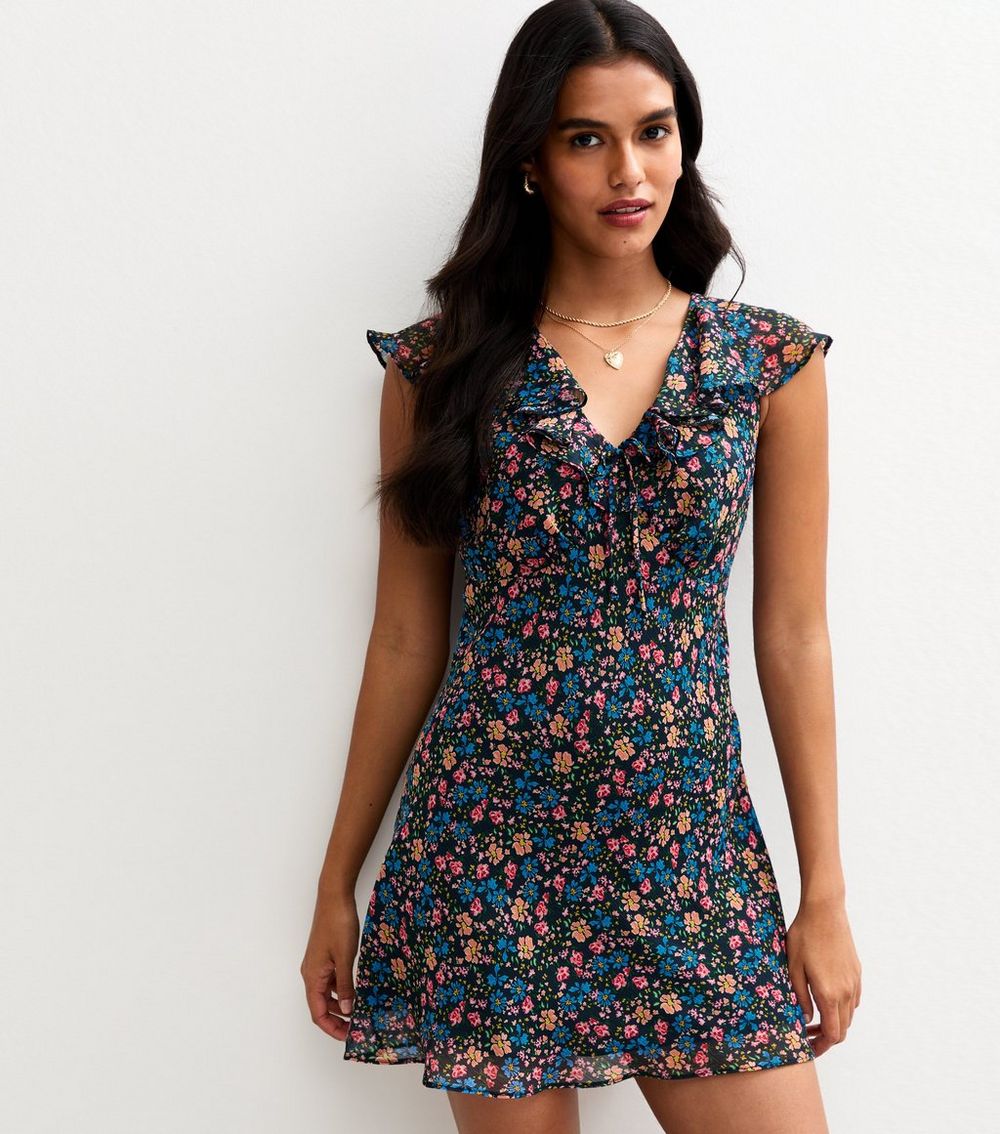Black Floral Print Ruffled Chiffon Mini Dress