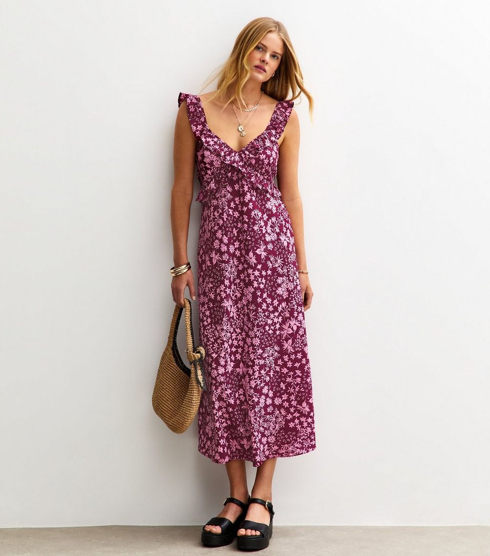 Burgundy Crepe Floral Print Crossover Ruffle Front Midi Dress