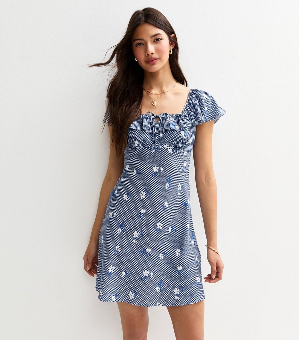 Blue Gingham Floral Print Mini Ruffle Dress