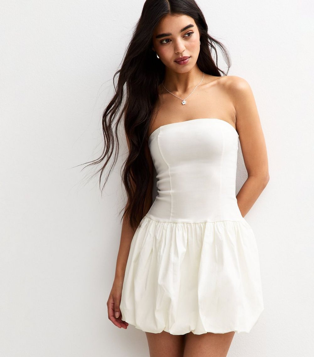 White Bandeau Puffball Micro Mini Dress