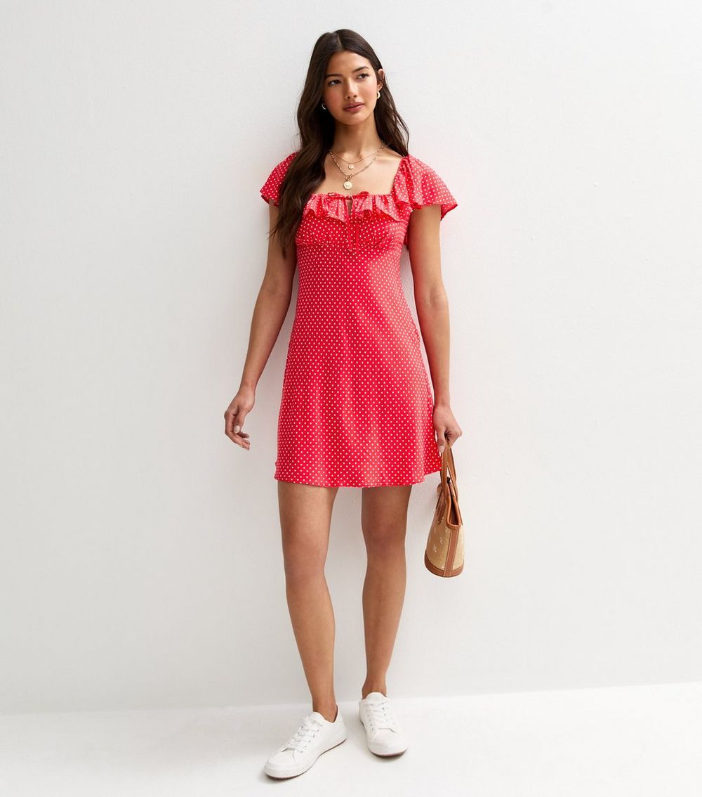 Red PolkaDot Print Frill Trim Mini Dress