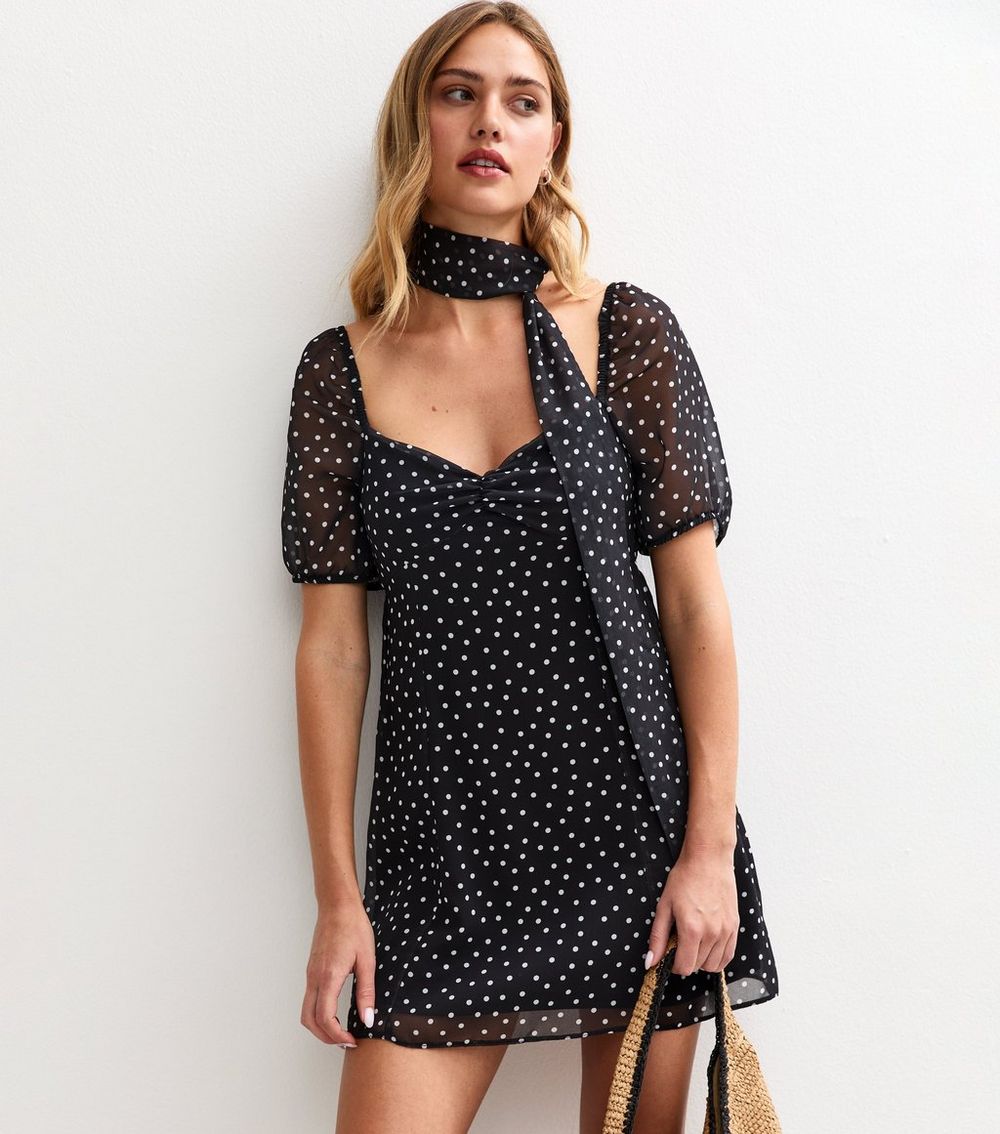 Black Polka Dot Print Chiffon Mini Dress