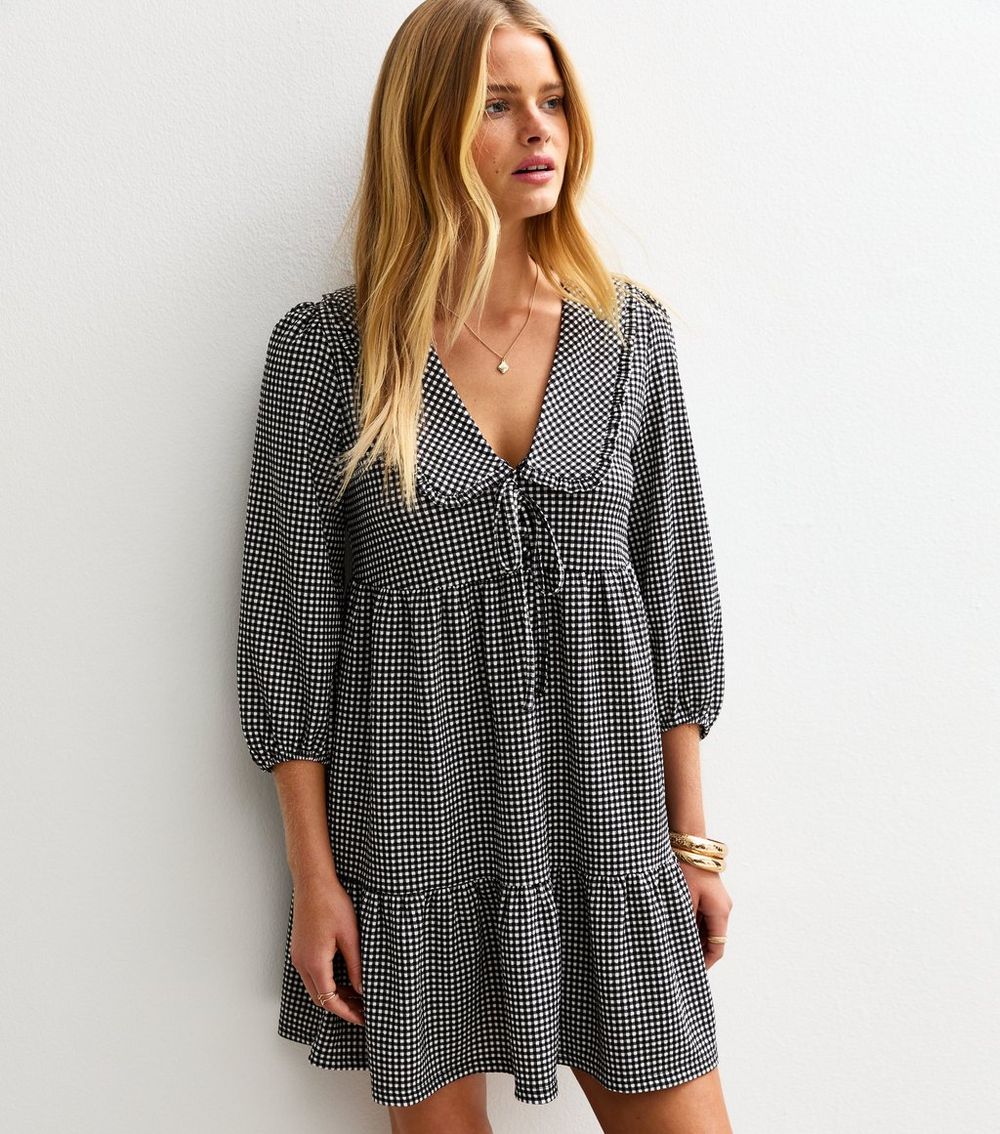 Black Micro Gingham Check Collared Mini Dress