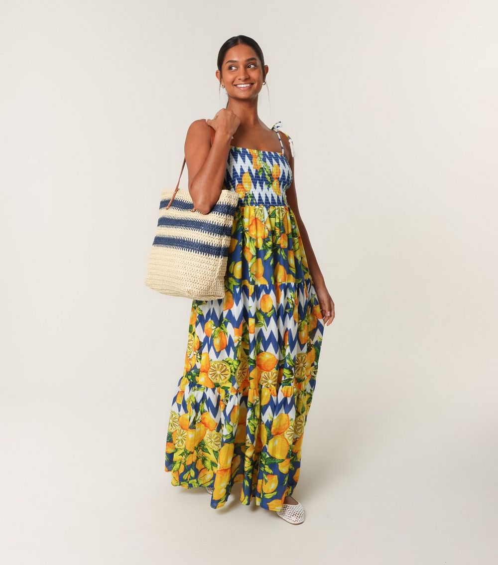 Blue Vanilla Yellow Lemon Print Maxi Dress