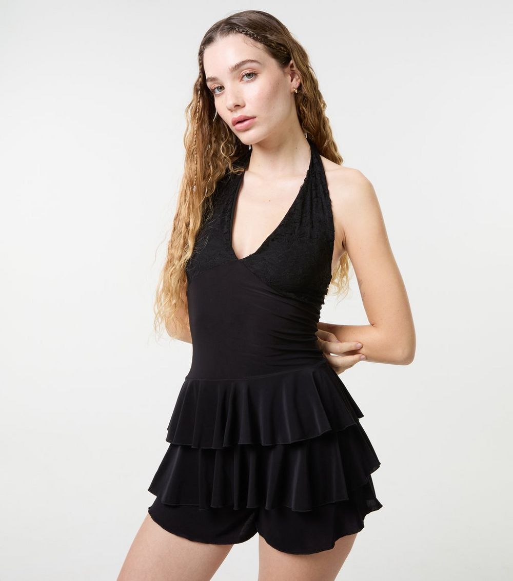Pink Vanilla Black Lace Trim Halter Neck Playsuit