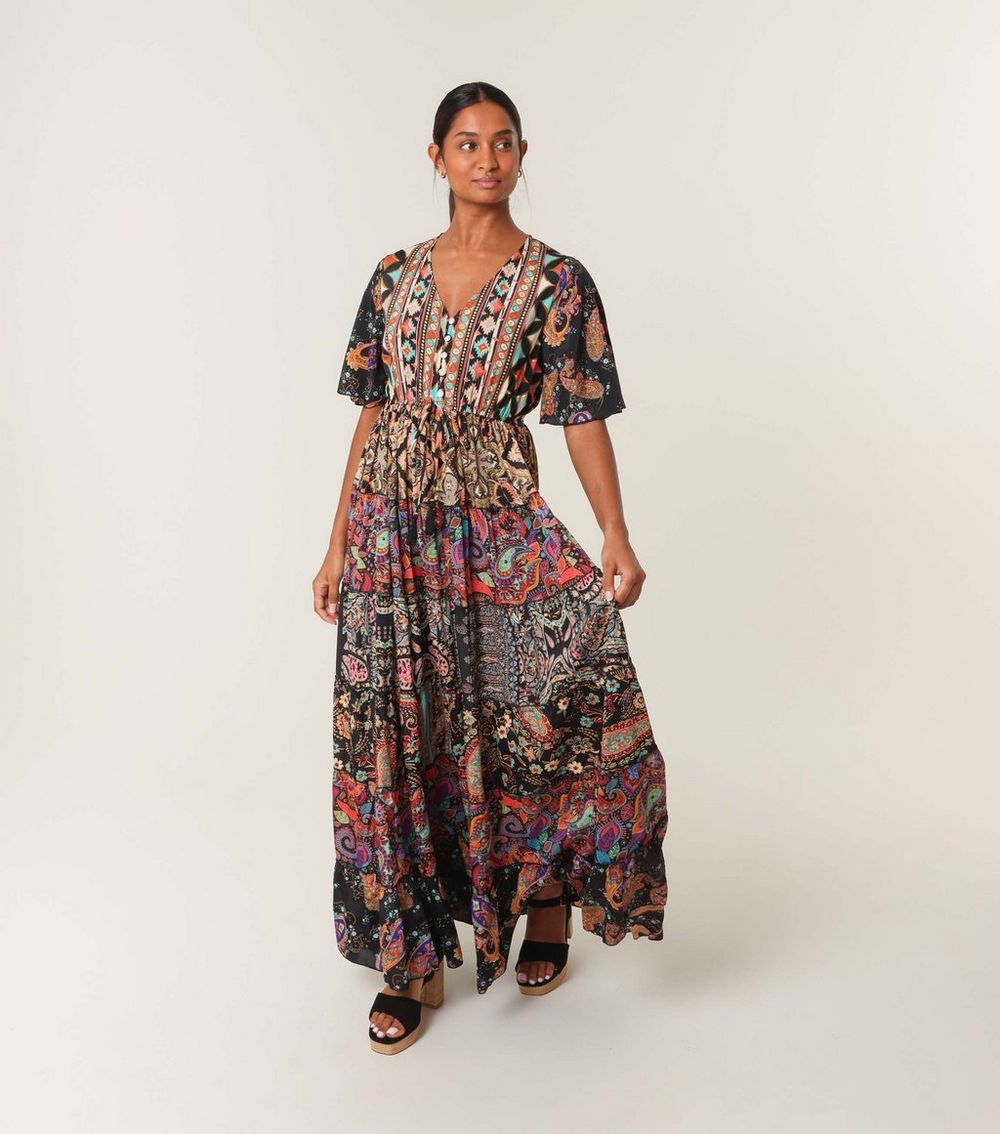 Blue Vanilla Black Pattern Print Angel Sleeve Maxi Dress