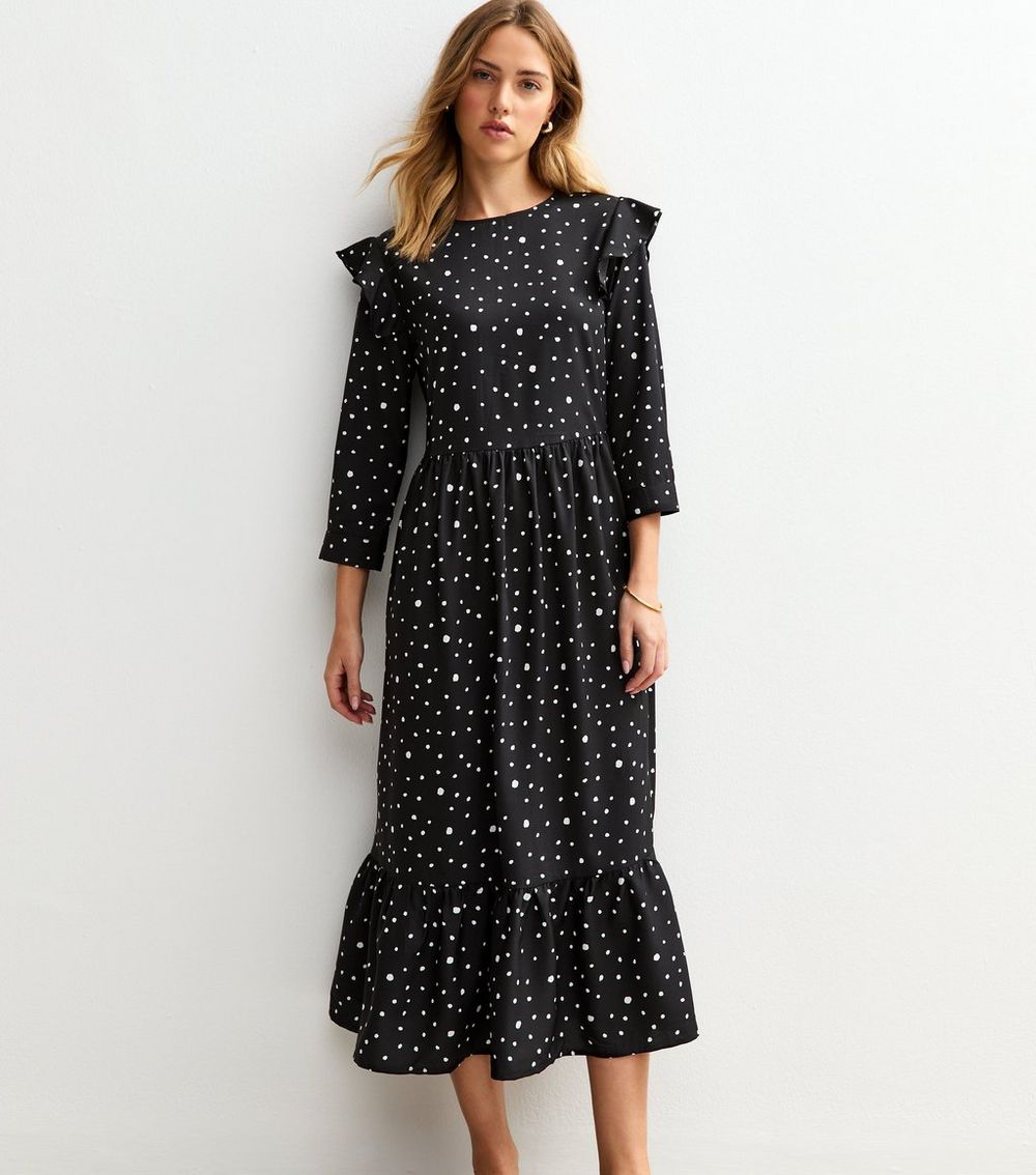 Urban Bliss Black Polka Dot Ruffle Trim Midi Dress