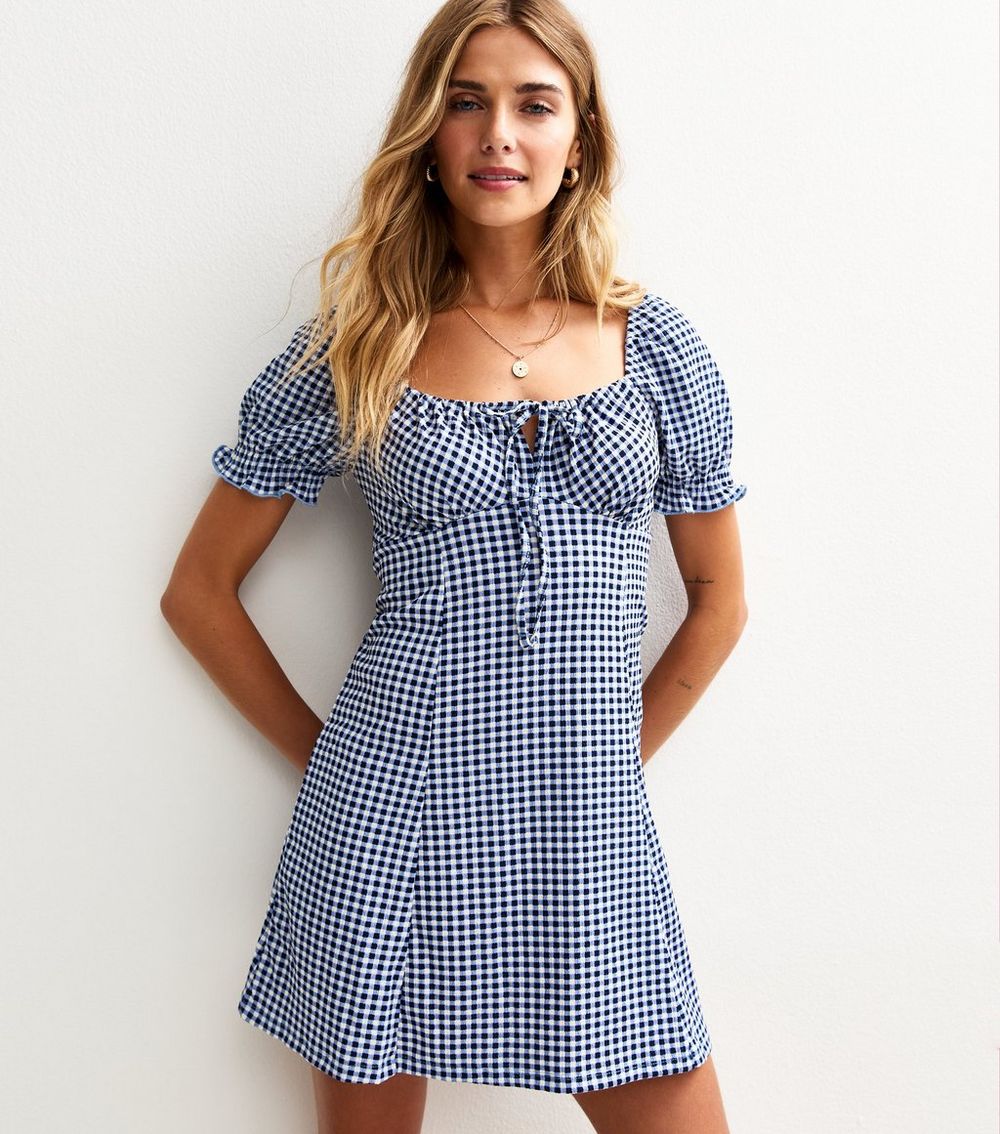 Navy Checked Milkmaid Mini Dress