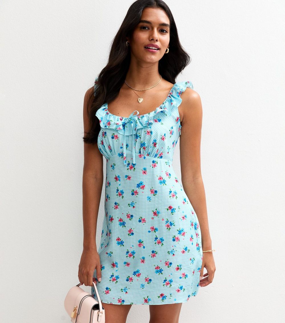 Blue Gingham Check Floral Print Ruffled Mini Dress