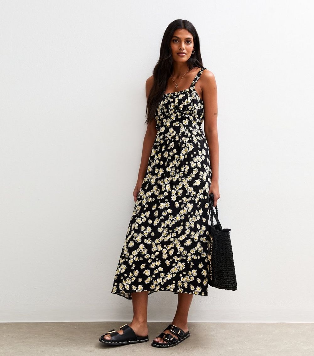 Black Daisy Print Frilly Trim Midi Dress