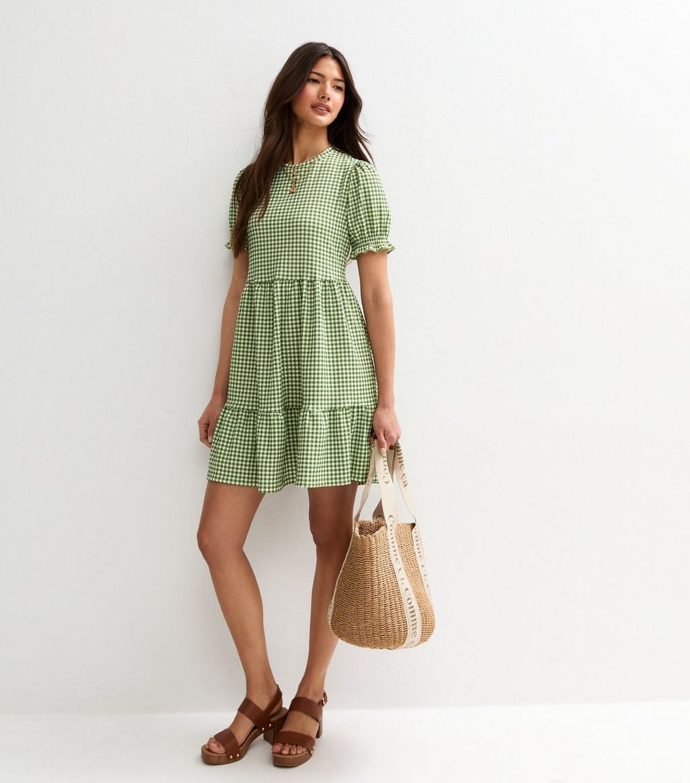 Green Gingham Check Puff Sleeve Dress