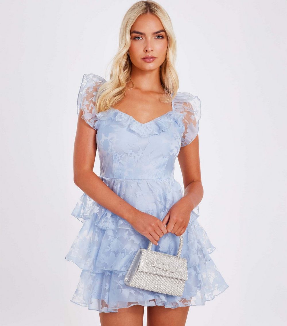 QUIZ Blue Chiffon Floral Lace Mini Dress
